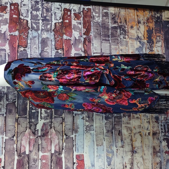 Navy Blue Mesh Kimono Jacket w/Multi Color Velvet Flowers - Picture 6 of 6